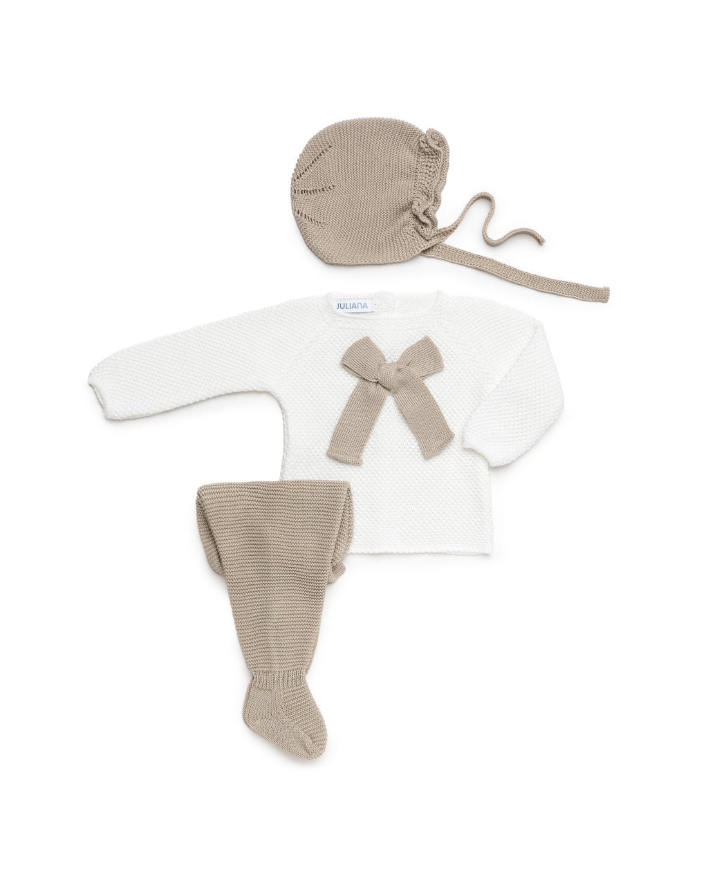 JULIANA Azahar Girls White & Beige Bow Knitted Set with Bonnet - 26035