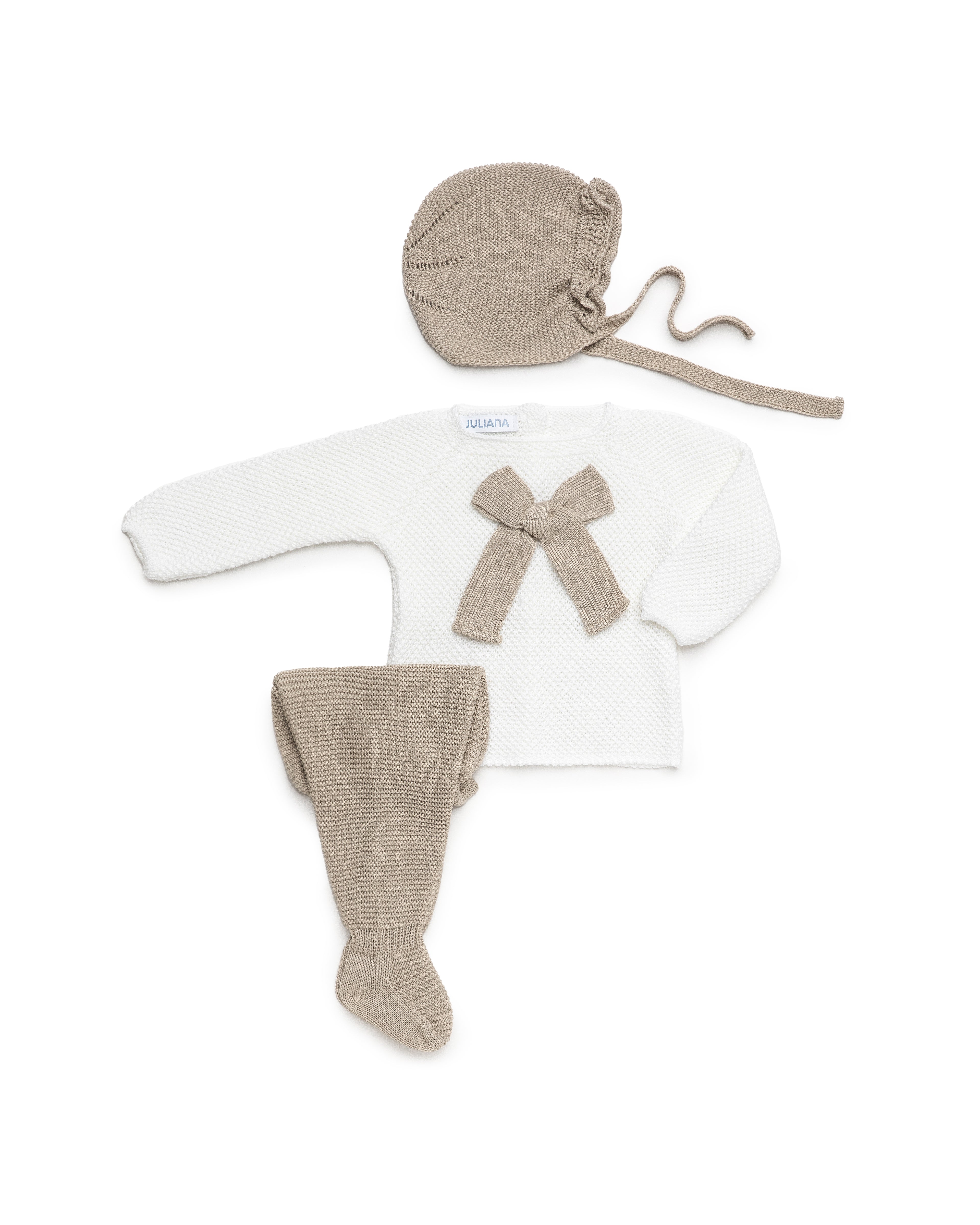JULIANA Azahar Girls White & Beige Bow Knitted Set with Bonnet - 26035