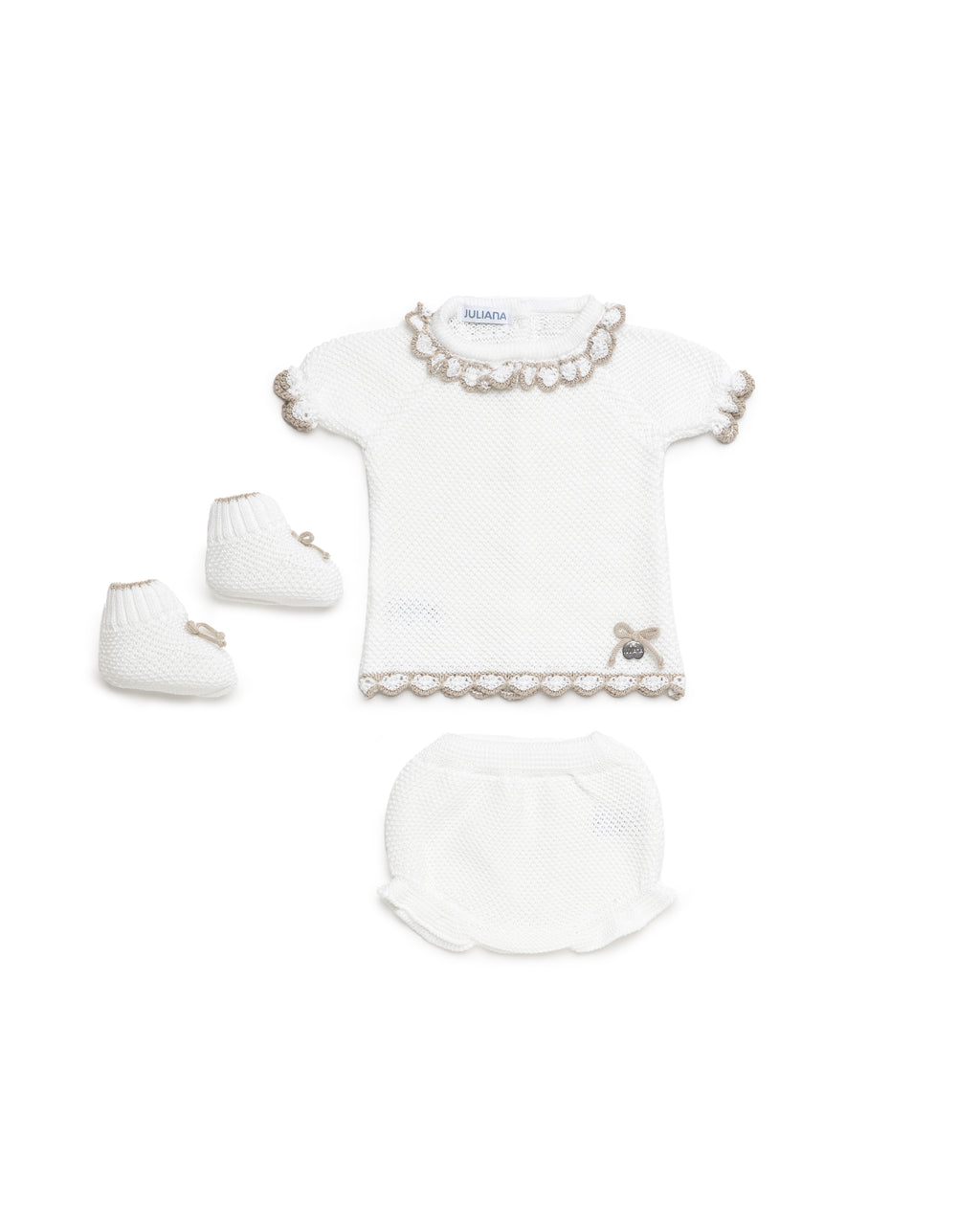 JULIANA Azahar Girls White & Beige Knitted Set with Booties - 26062