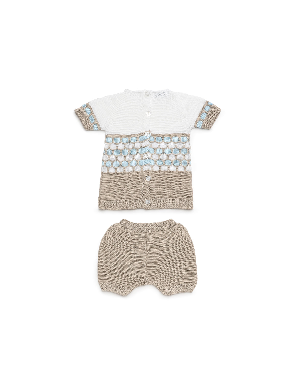 Back view of the Juliana Canela boys beige, ivory and pale blue knitted short set.