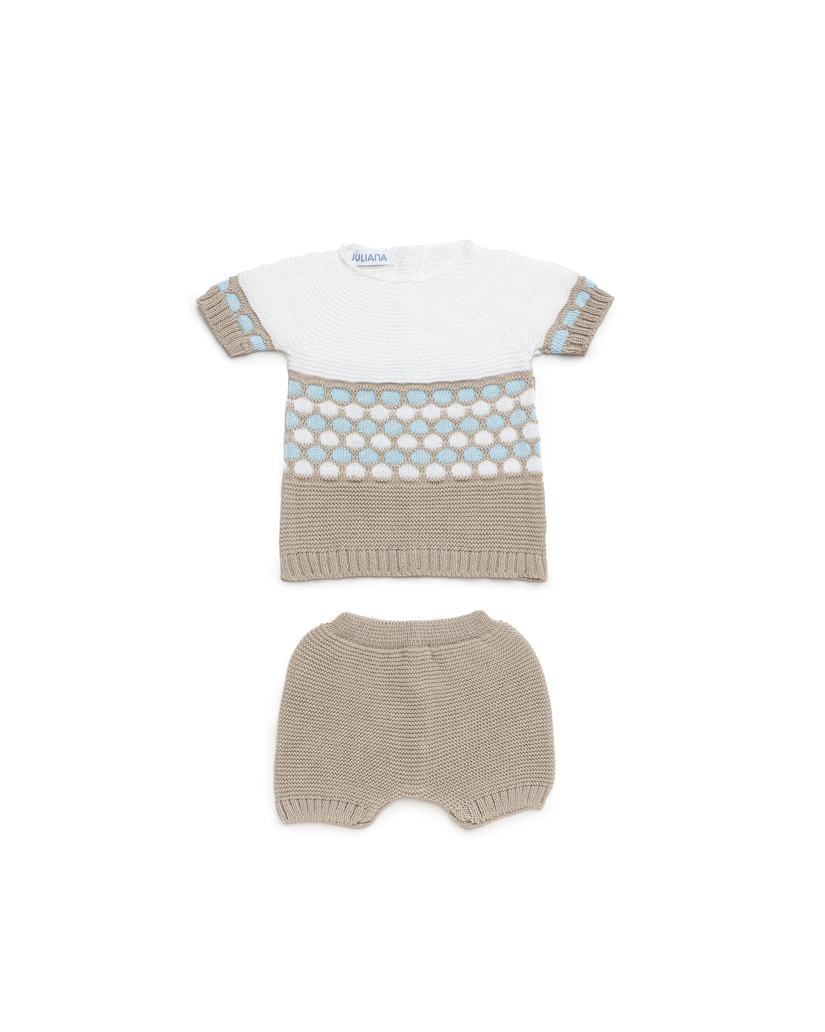 Juliana Canela boys beige, ivory and pale blue knitted short set with matching bloomers, front view.