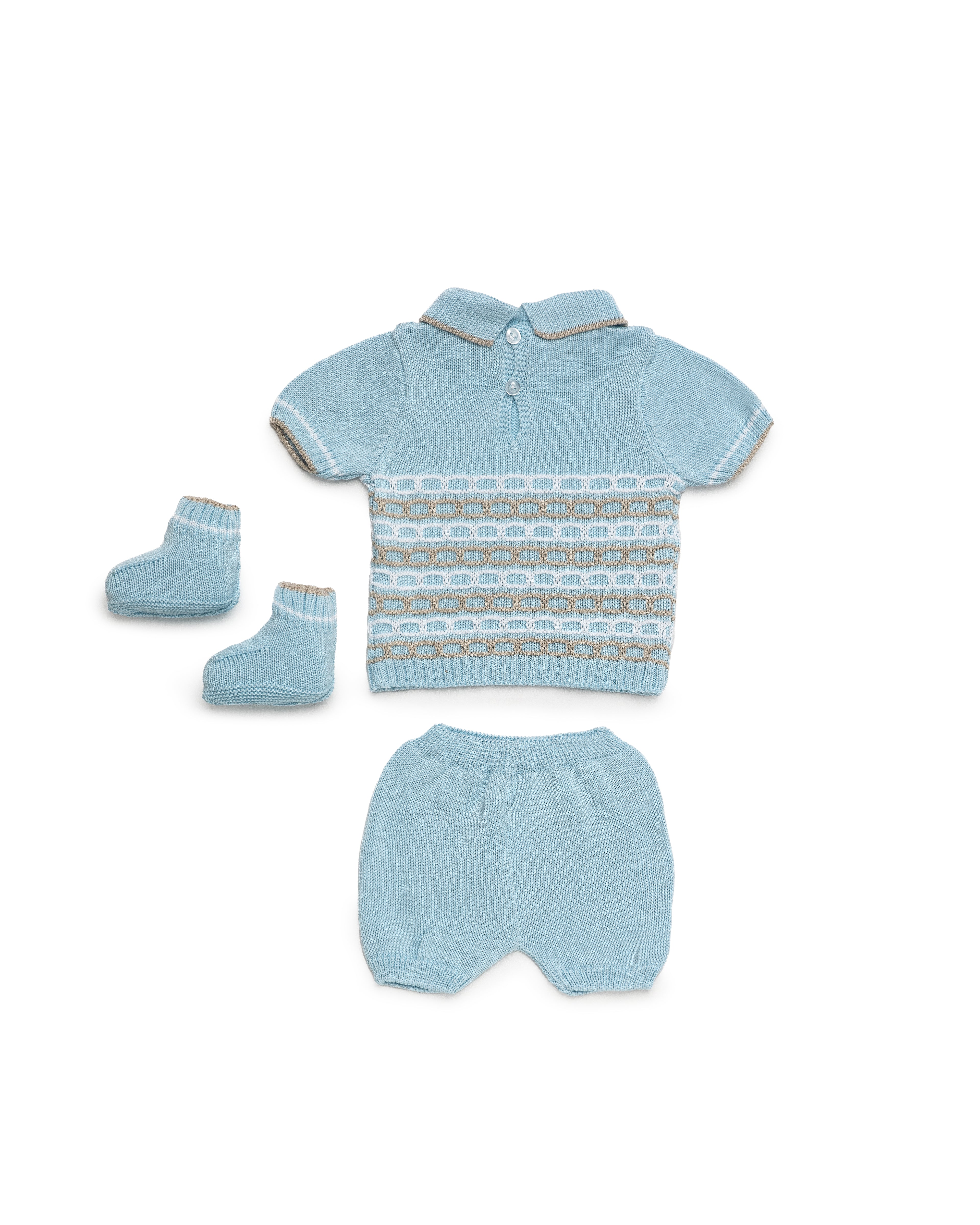 JULIANA Link Boys Blue & Camel Knitted Short Set with Booties