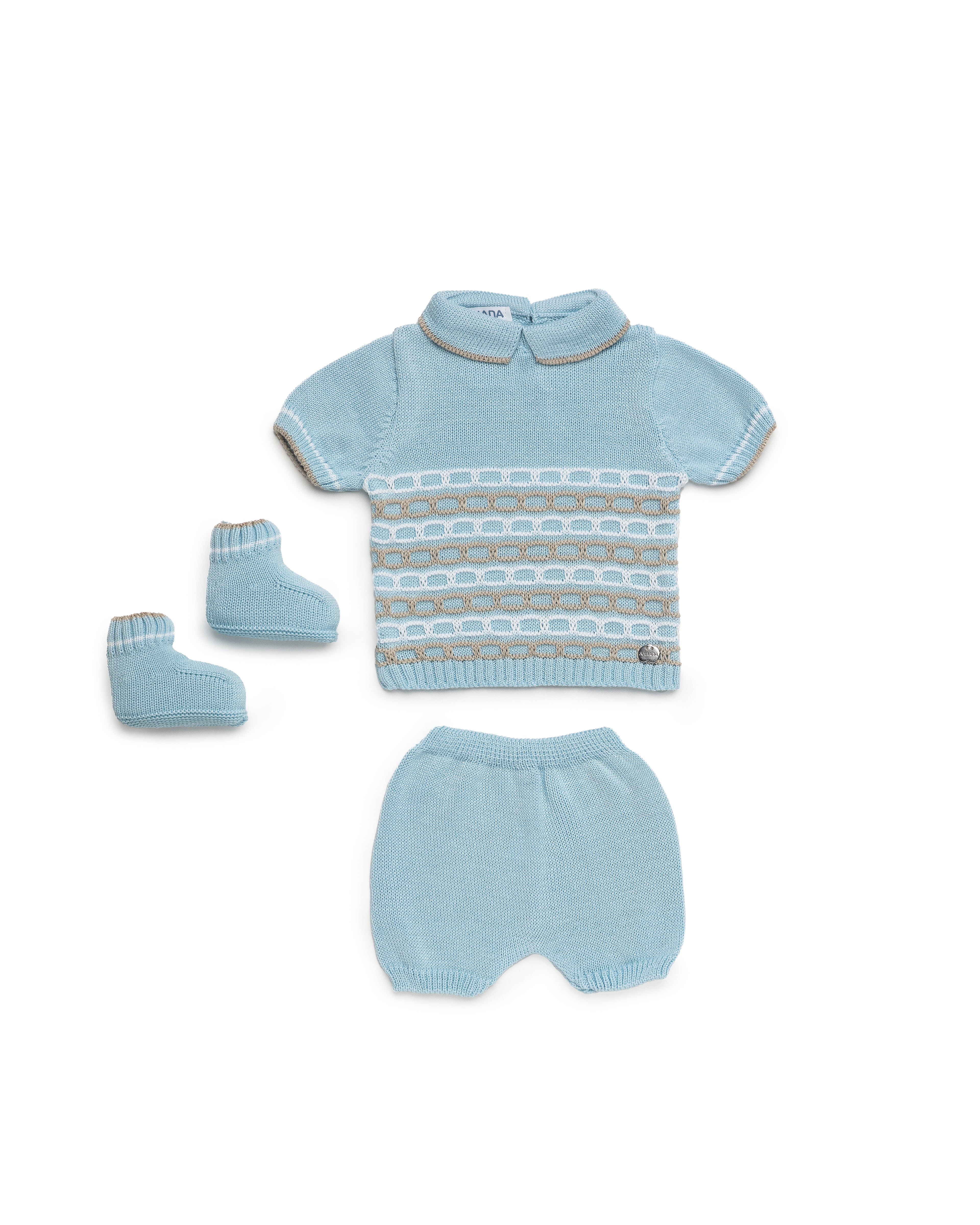 JULIANA Link Boys Blue & Camel Knitted Short Set with Booties