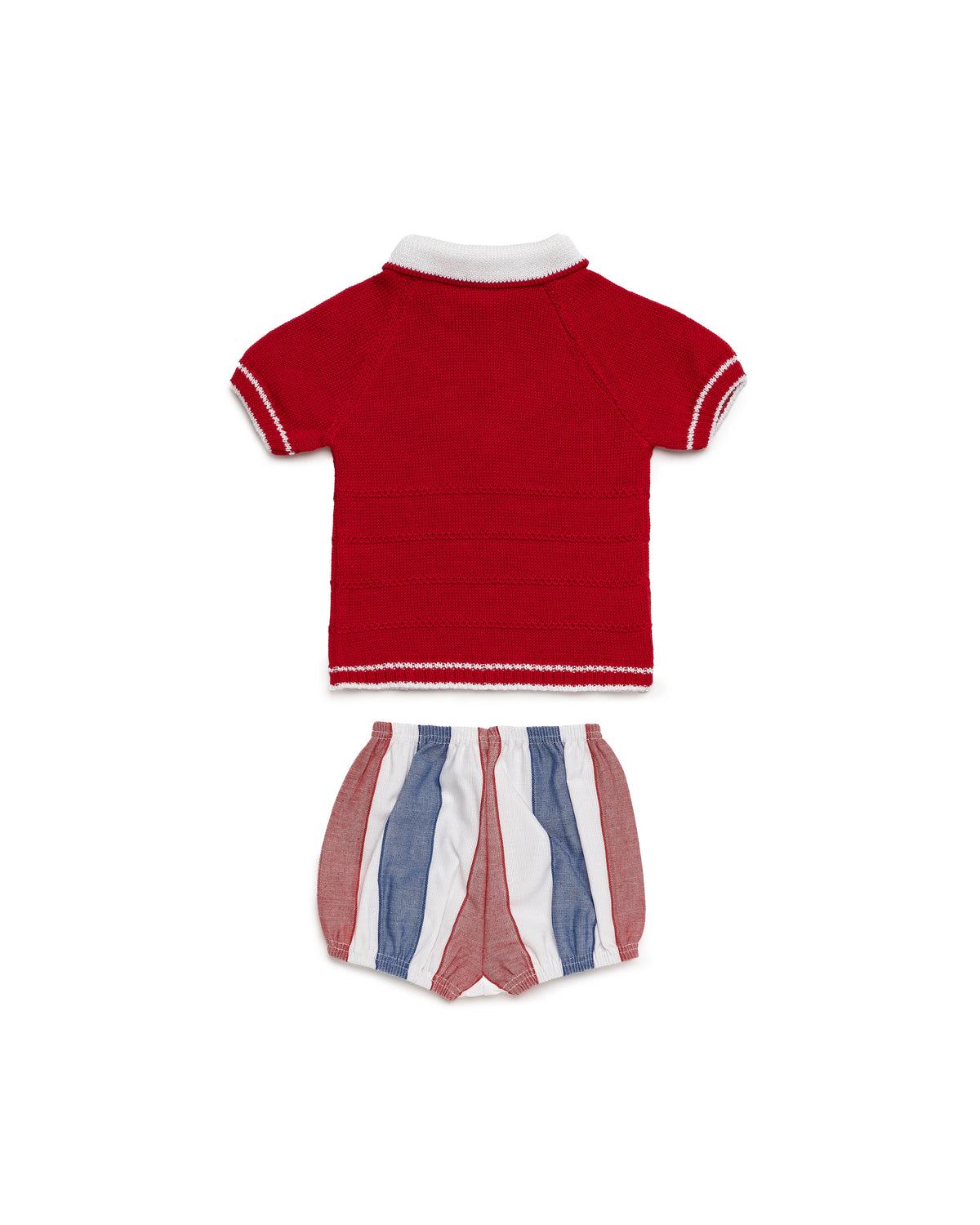 Back view of the Juliana Sandia boys red and blue striped short set