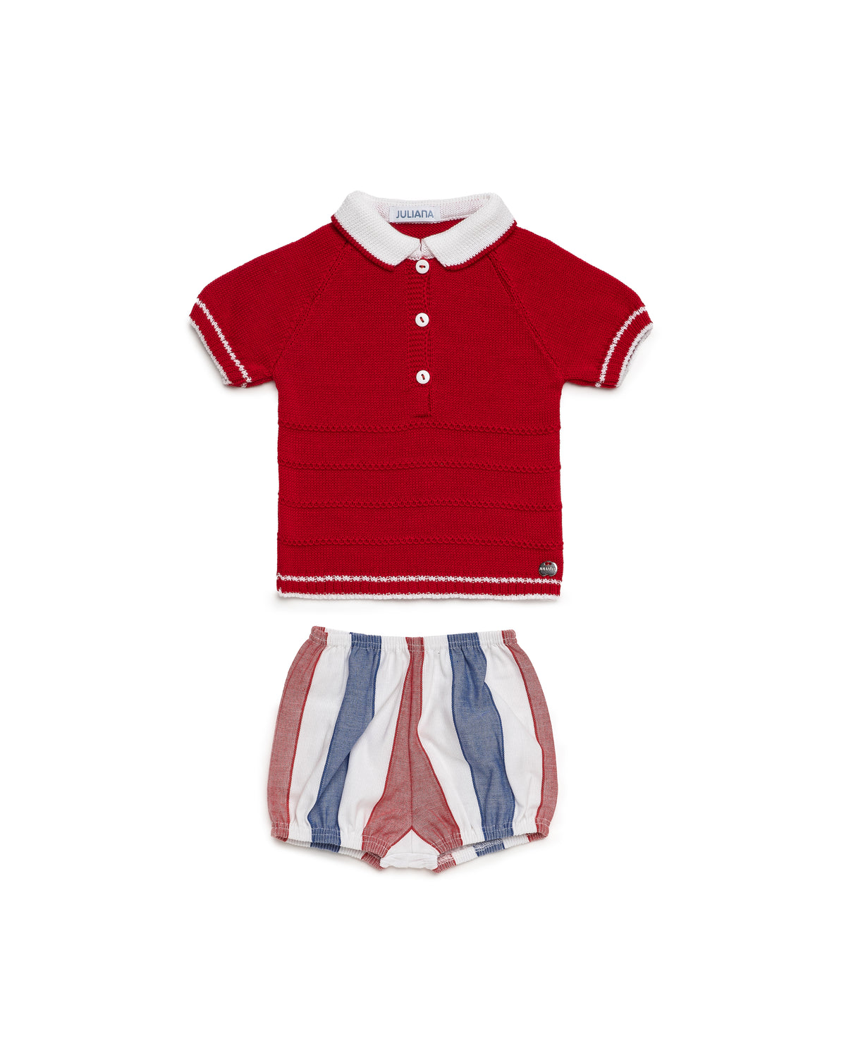 Juliana Sandia boys red knitted polo and red blue white striped bloomers flat lay