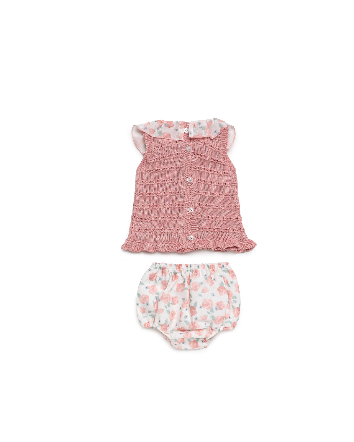 Back view of the Juliana Arandano peach knit and floral bloomer set
