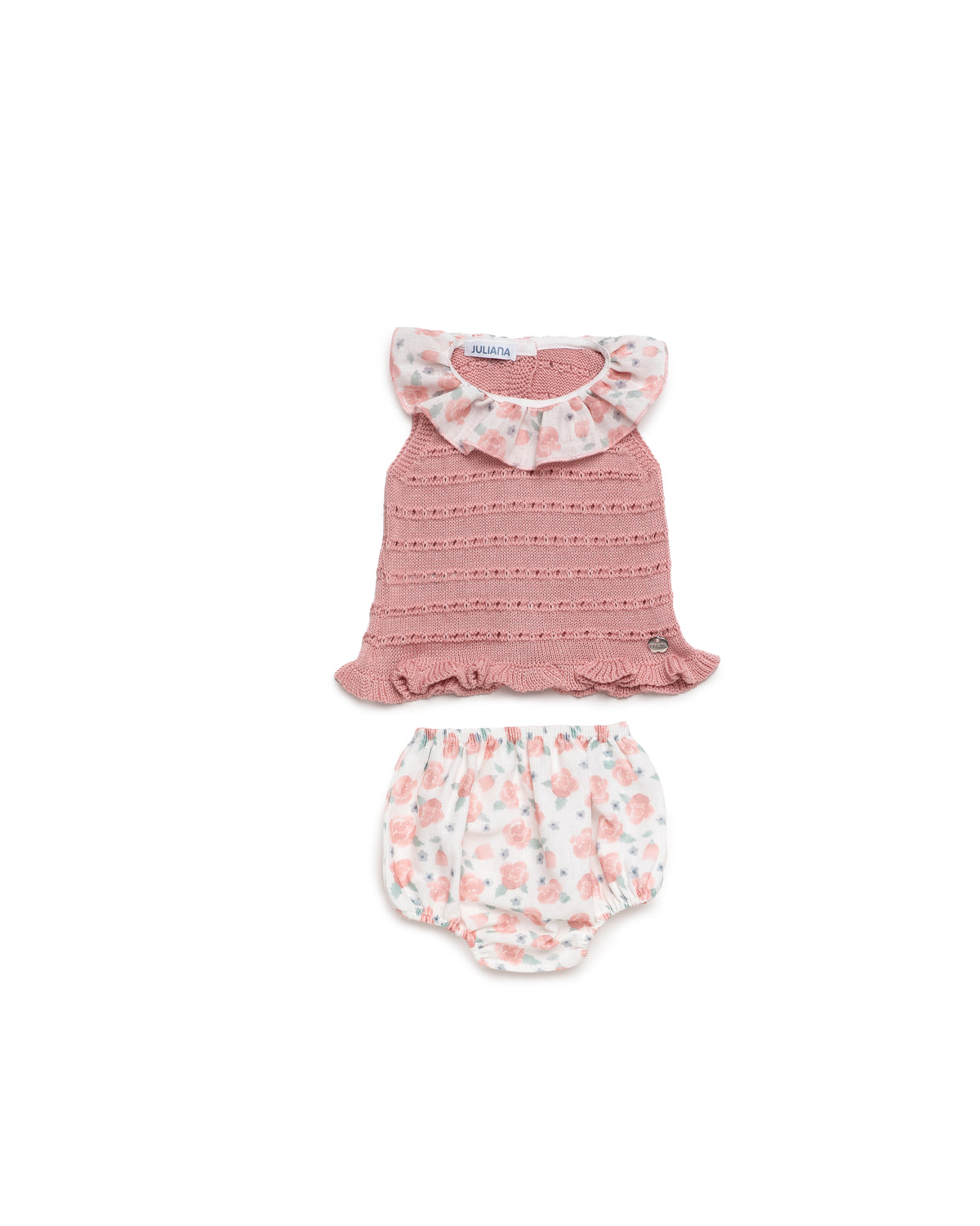 Juliana Arandano girls dusty peach knitted top and floral jam pants flat lay