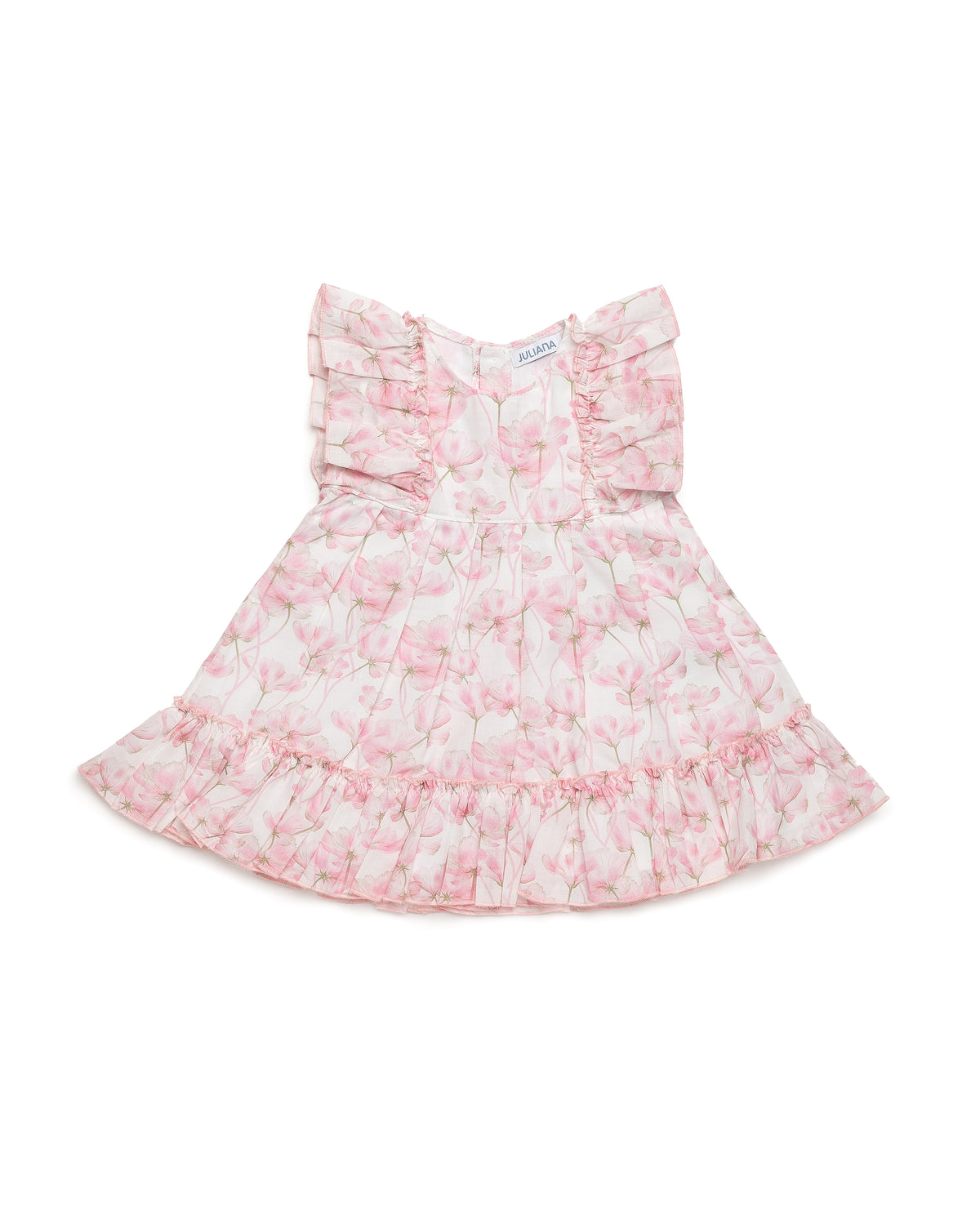 Juliana Caramelo girls ivory and pink floral ruffle dress, front view.