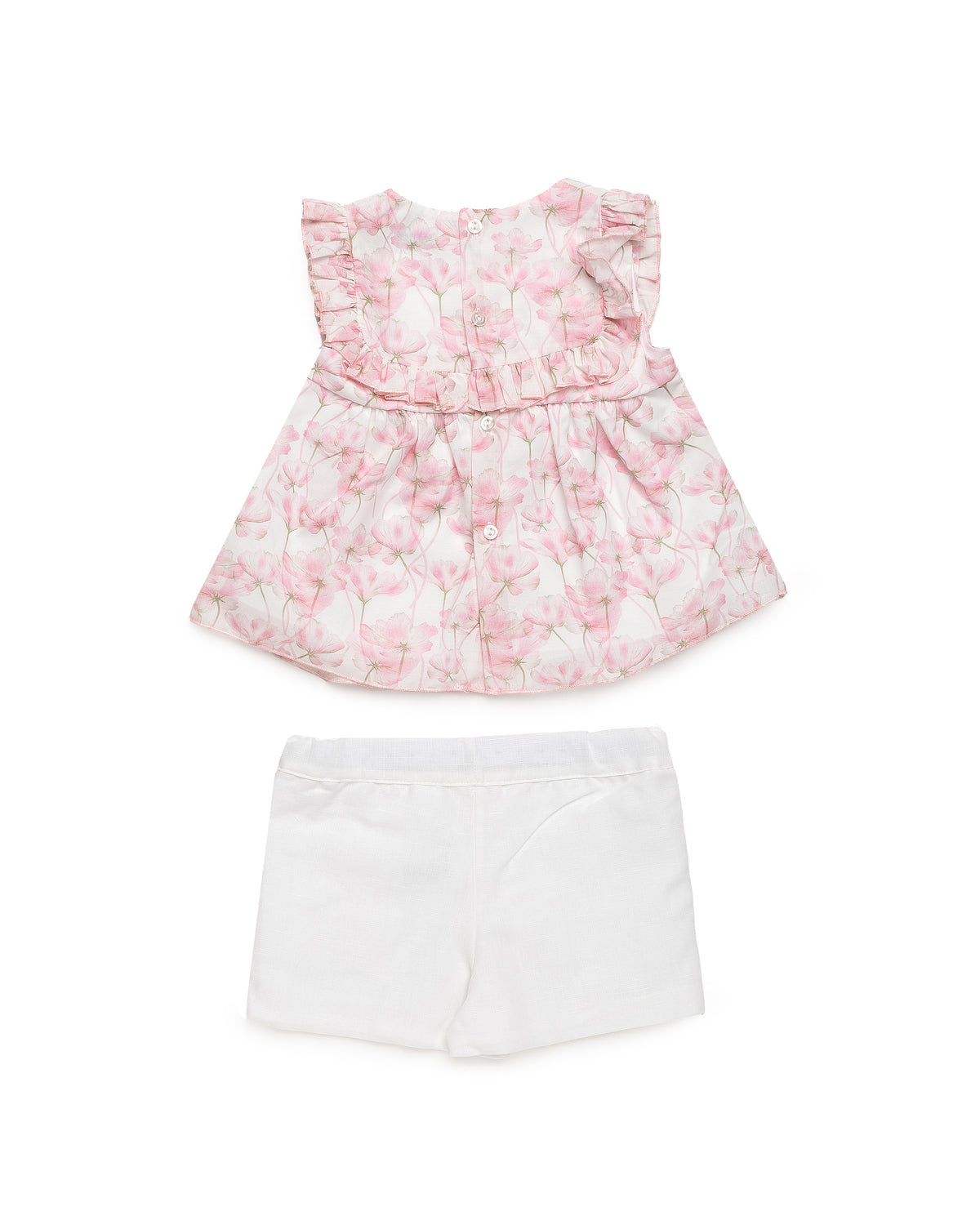 Back view of the Juliana Caramelo girls pink floral top and white shorts set.