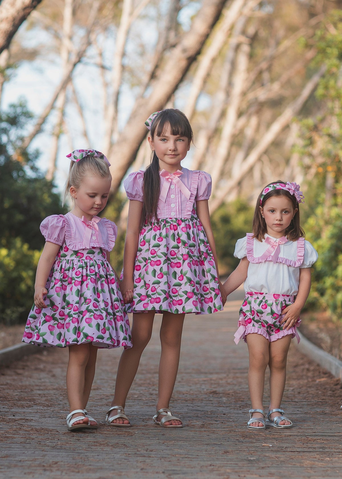 Rochy Cherry girls matching pink summer collection with cherry print jam pant set and coordinating dresses 