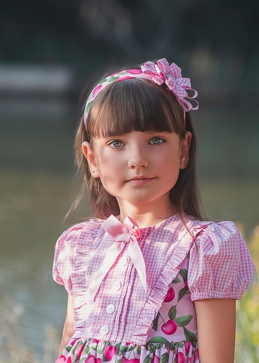 Rochy Cherry girls pink headband 26207 with cherry print and pink gingham bow detail