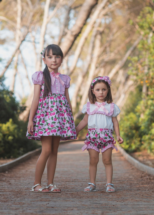 Rochy Cherry girls pink jam pant set 26800 with white blouse, gingham ruffle collar and cherry print jam pants