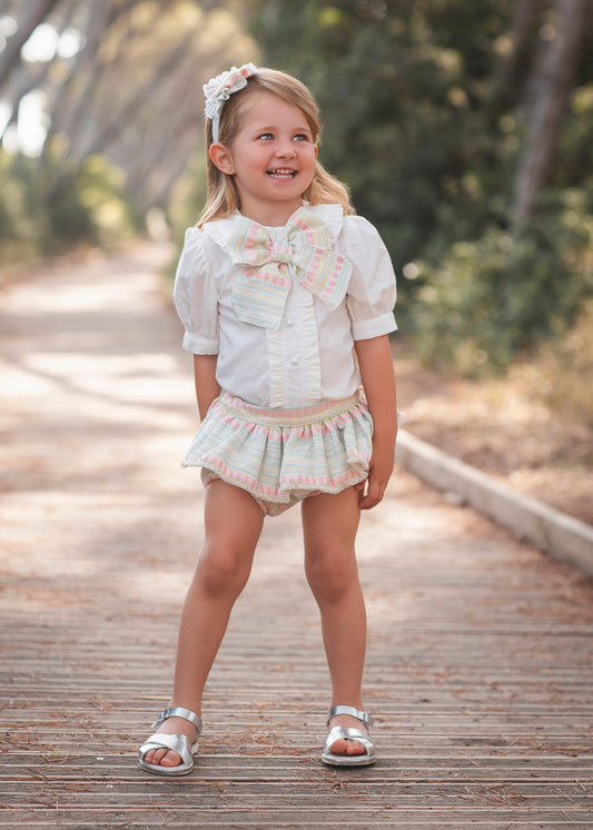 Rochy girls multicolour tweed jam pant set 26818 with white blouse, oversized tweed bow and matching jam pants