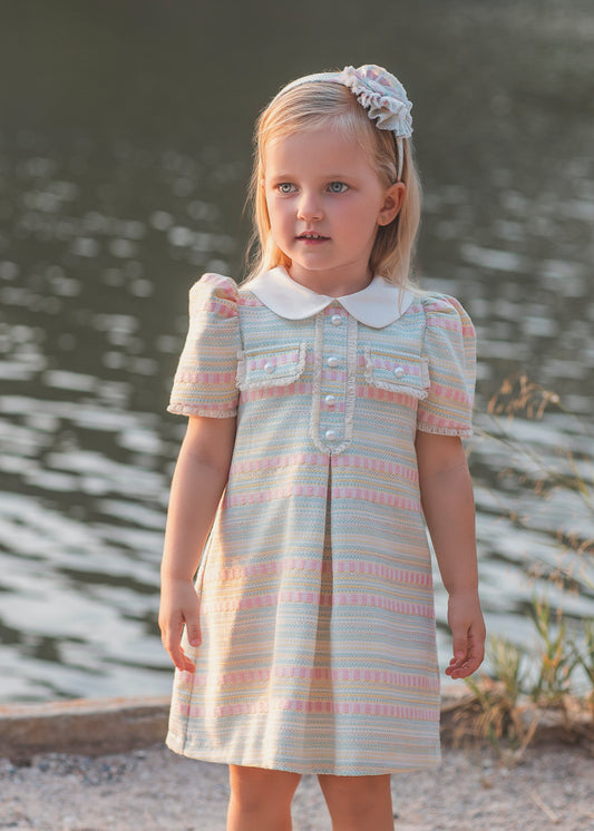 Rochy girls multicolour tweed dress 26819 with white Peter Pan collar and pearl button details
