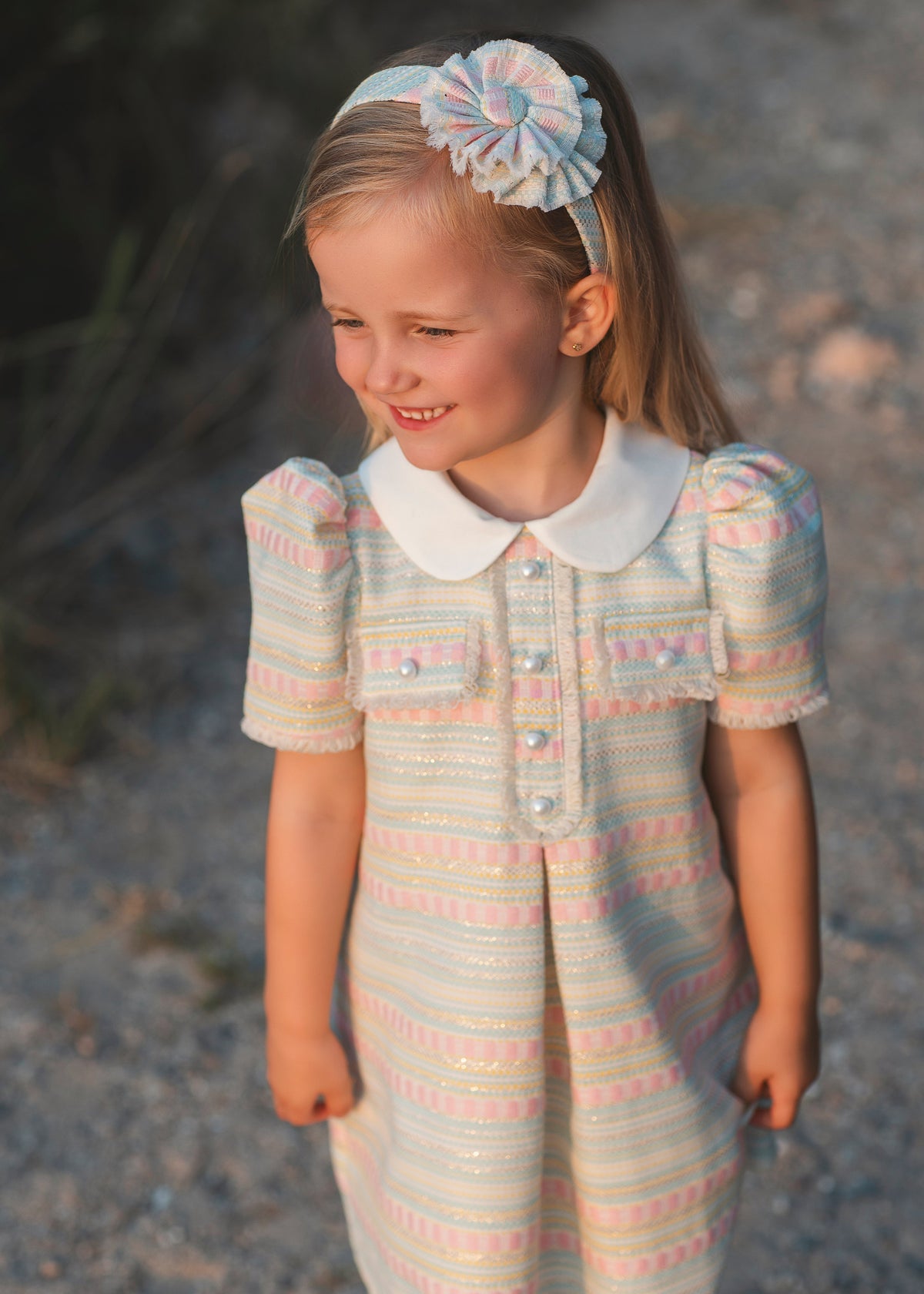 Rochy girls pastel jacquard tweed dress 26819 with matching tweed hairband