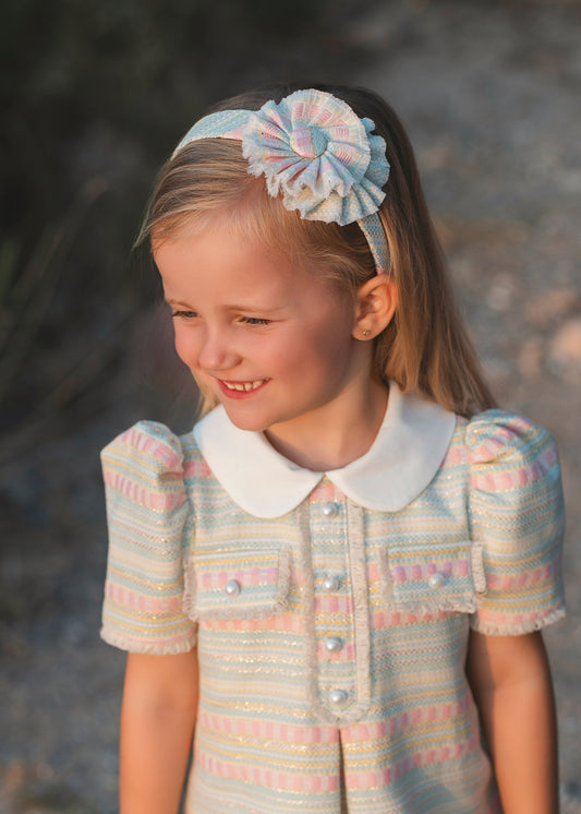 Rochy Jacquard girls multicolour tweed headband 26208 with pastel rosette detail