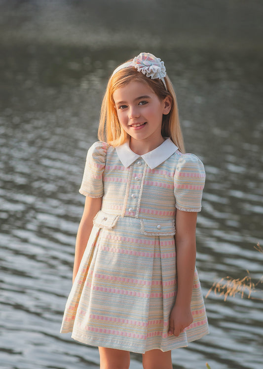 Rochy girls multicolour jacquard tweed dress with white collar and puff sleeves