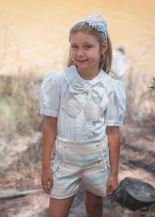 Rochy Jacquard girls multicolour pastel tweed short set with white blouse and statement bow