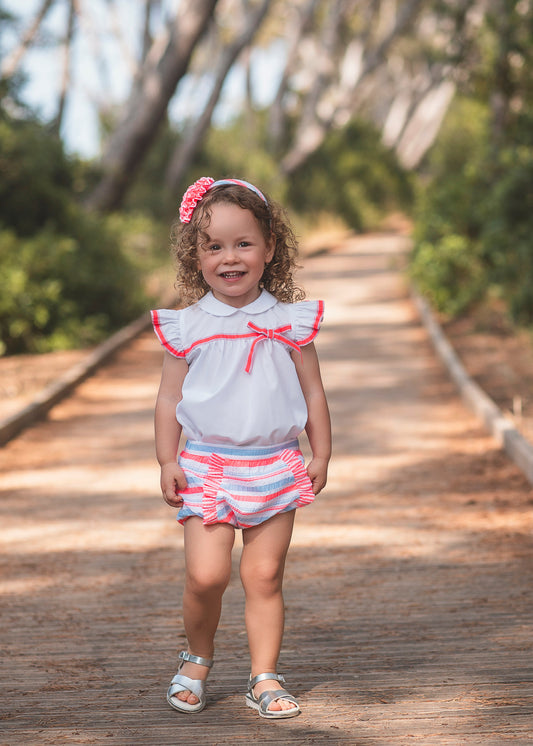 Rochy Fluor girls blue white and neon pink jam pant set with ruffle blouse and matching striped shorts
