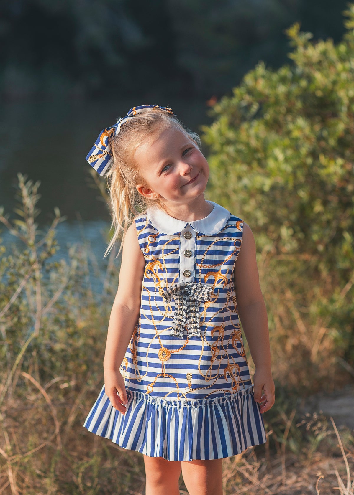 ROCHY Marine girls navy anchor A-line dress with striped frill hem and matching bow headband