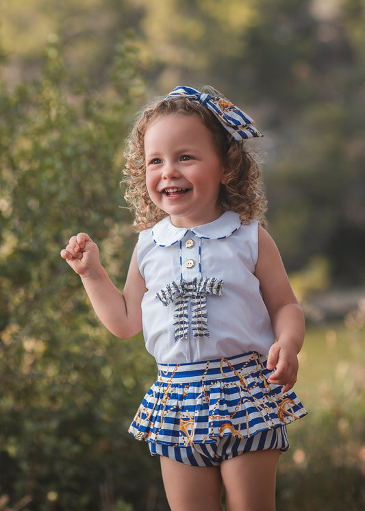 ROCHY Marine girls navy anchor jam pant set with white blouse, nautical print jam pants and matching bow headband