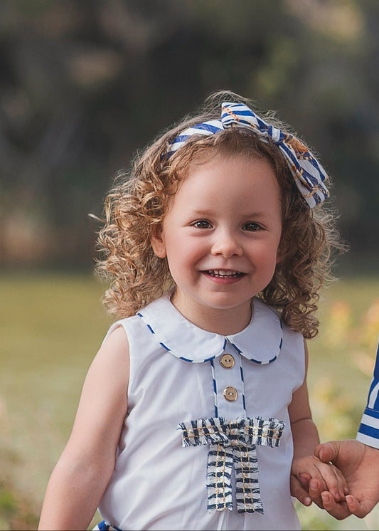 Rochy Marine girls navy and white striped nautical headband with statement bow