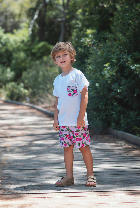 Rochy Cherry boys T-shirt and swimming trunks 26919 with white top and pink cherry print swim shorts