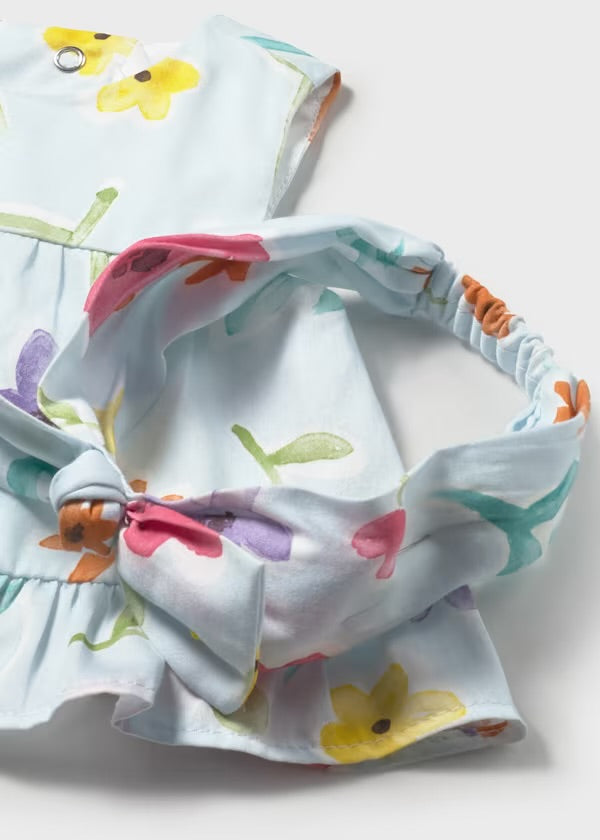 Mayoral Baby Girls Hawaii Multicoloured Floral Dress Knickers and Headband Set 1290 - close up.