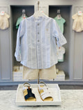 Tutto Piccolo Montpellier Boys Porcelain Short Set with Blue Striped Shirt and Natural Linen Shorts