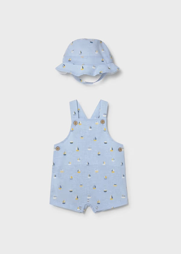 MAYORAL Boys Blue Boat Print Dungaree Set with Sun Hat - 1611