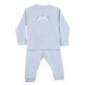 Baby Gi blue boys cotton pyjama set with white angel wings detail on the back - back view.