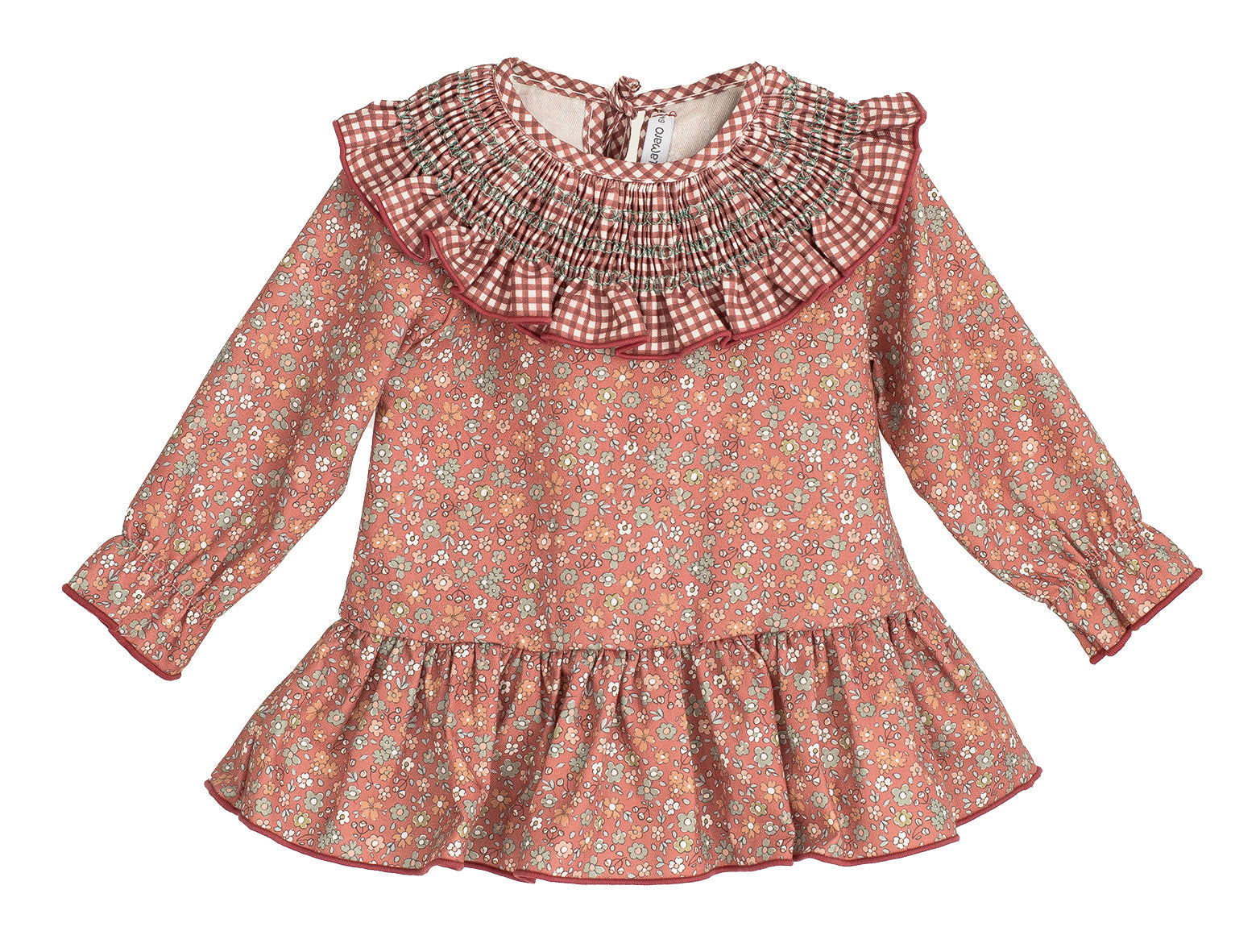 Calamaro Siroco terracotta floral dress with smocked gingham collar, product view