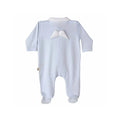 Baby Gi blue cotton babygrow with white piqué Peter Pan collar, concealed press stud fastening and angel wings detail on the back, made in Portugal - back view