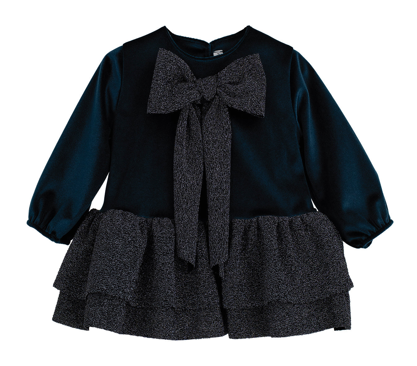 CALAMARO Halny girls navy velvet and charcoal shimmer party dress with statement bow