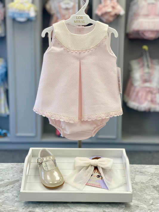 LOR MIRAL Cosmos Baby Girls Pink & Cream Dress & Knickers - 41019