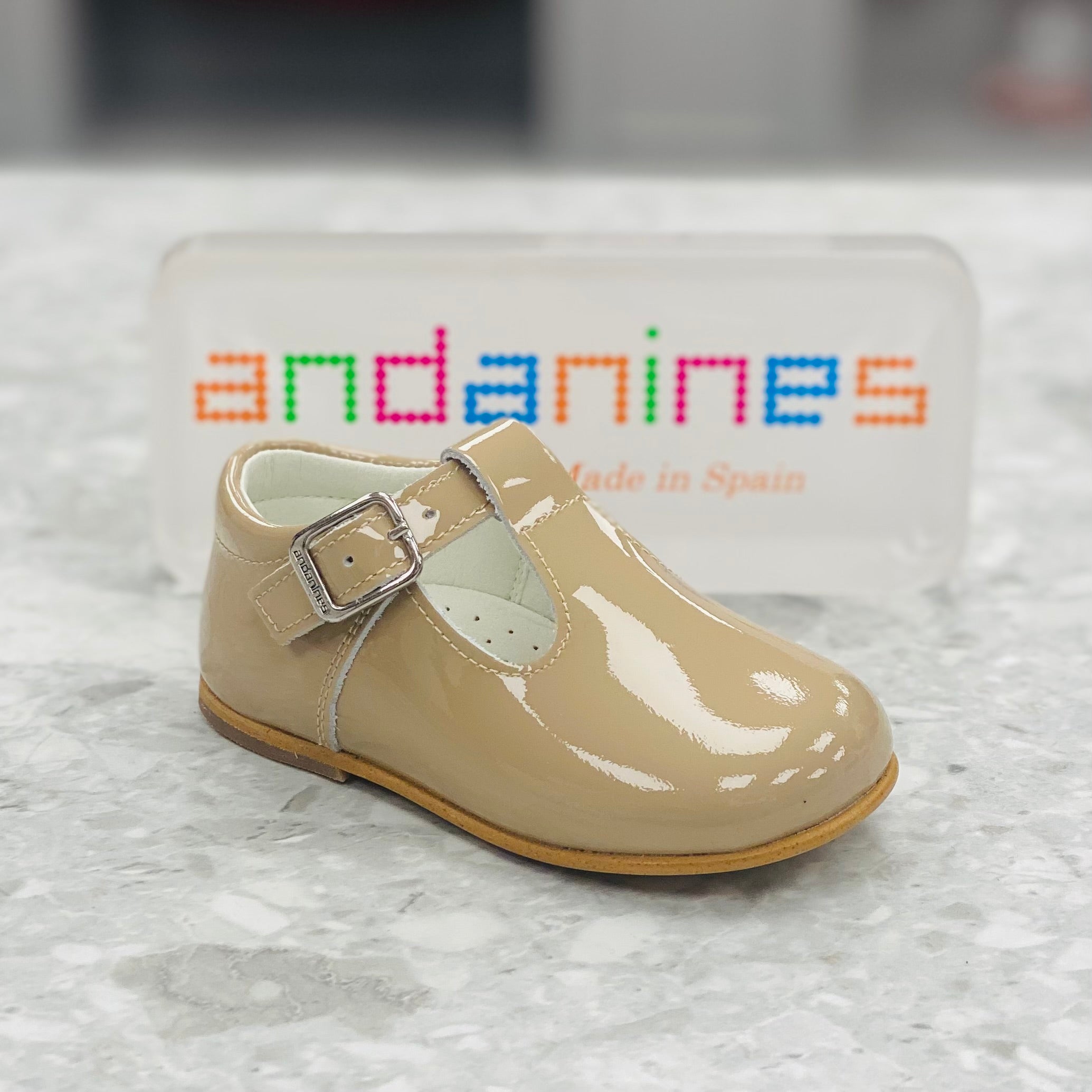 ANDANINES Camel Boys Patent Leather T-Bar Shoes - 162805