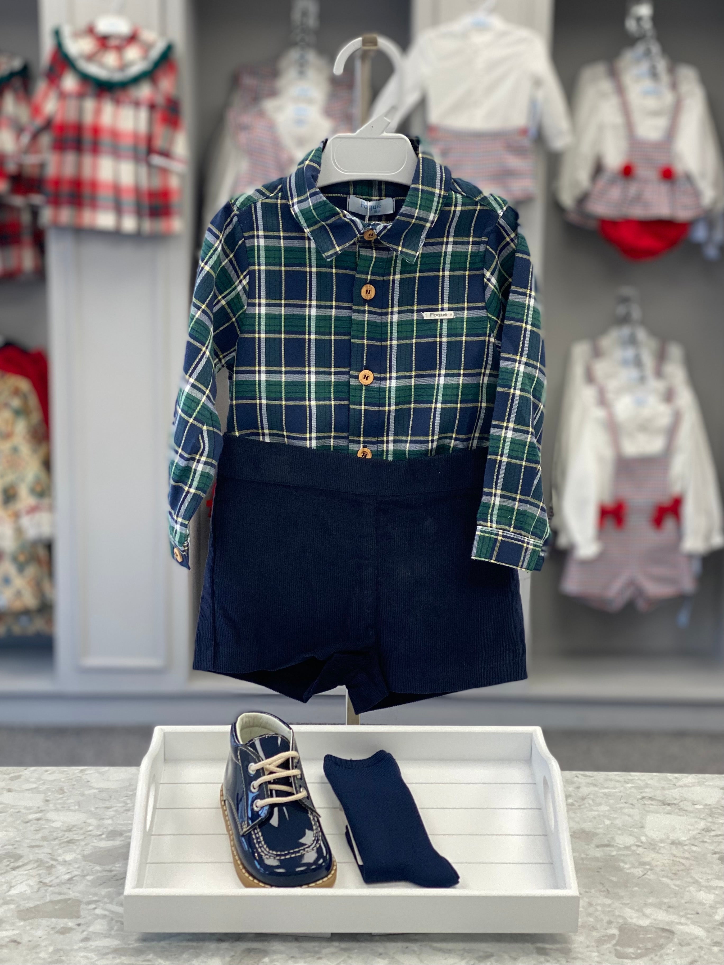 FOQUE Navy Tartan Boys Short Set - CLEARANCE SALE