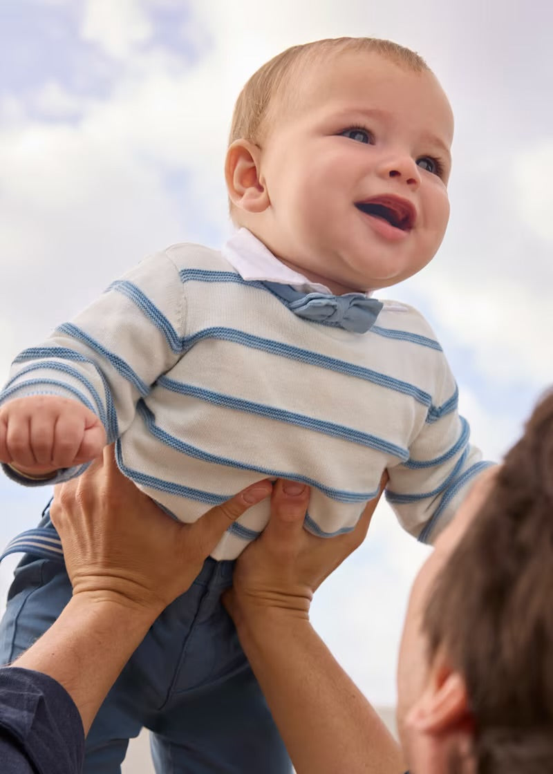 Mayoral boys striped jumper, bow-tie shirt and trouser outfit – detail