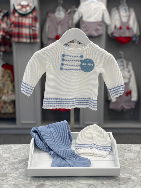 JULIANA LAYETTE Raco del Corb Boys Blue & White Three Piece Knitted Set - NON RETURNABLE