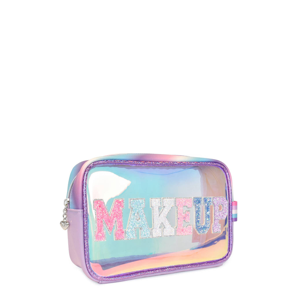 Detail view of OMG Accessories Makeup iridescent clear pouch