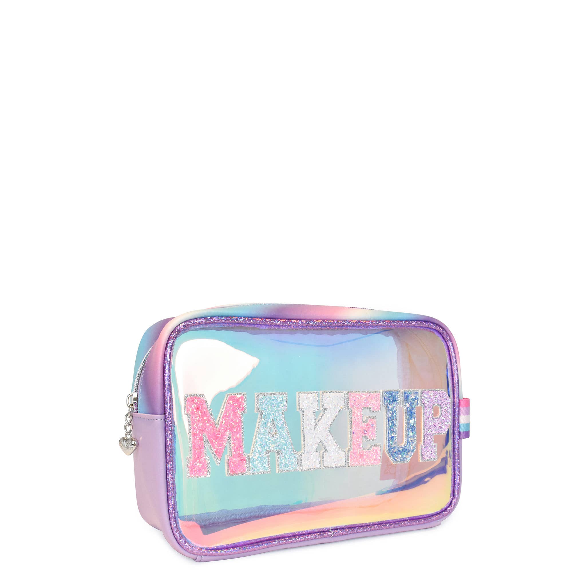 Detail view of OMG Accessories Makeup iridescent clear pouch