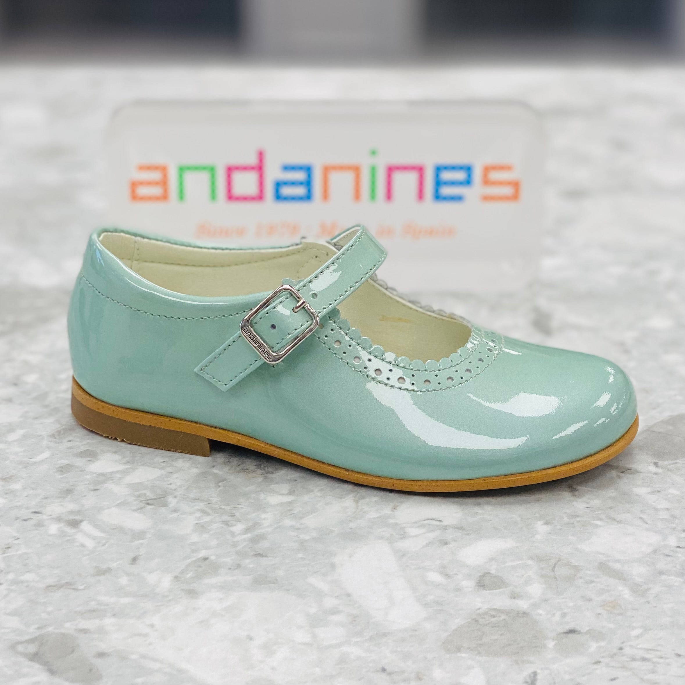 ANDANINES Green Pearl Girls Patent Leather Mary Jane Shoes