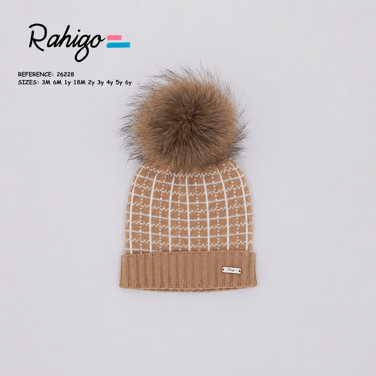 Rahigo camel and cream boys knitted hat with cream check pattern and natural fur pom pom.