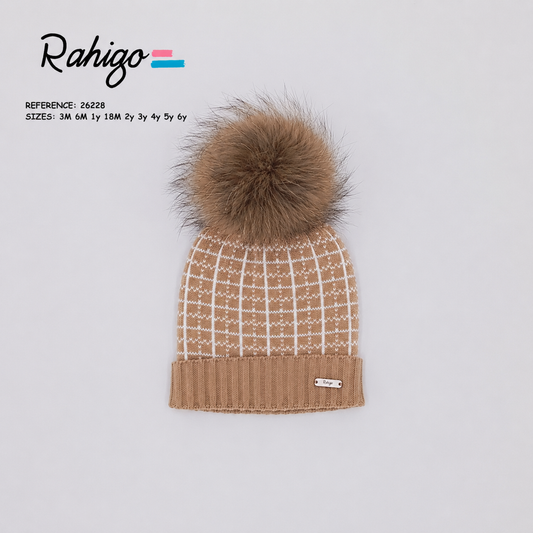 Rahigo camel and cream boys knitted hat with cream check pattern and natural fur pom pom.