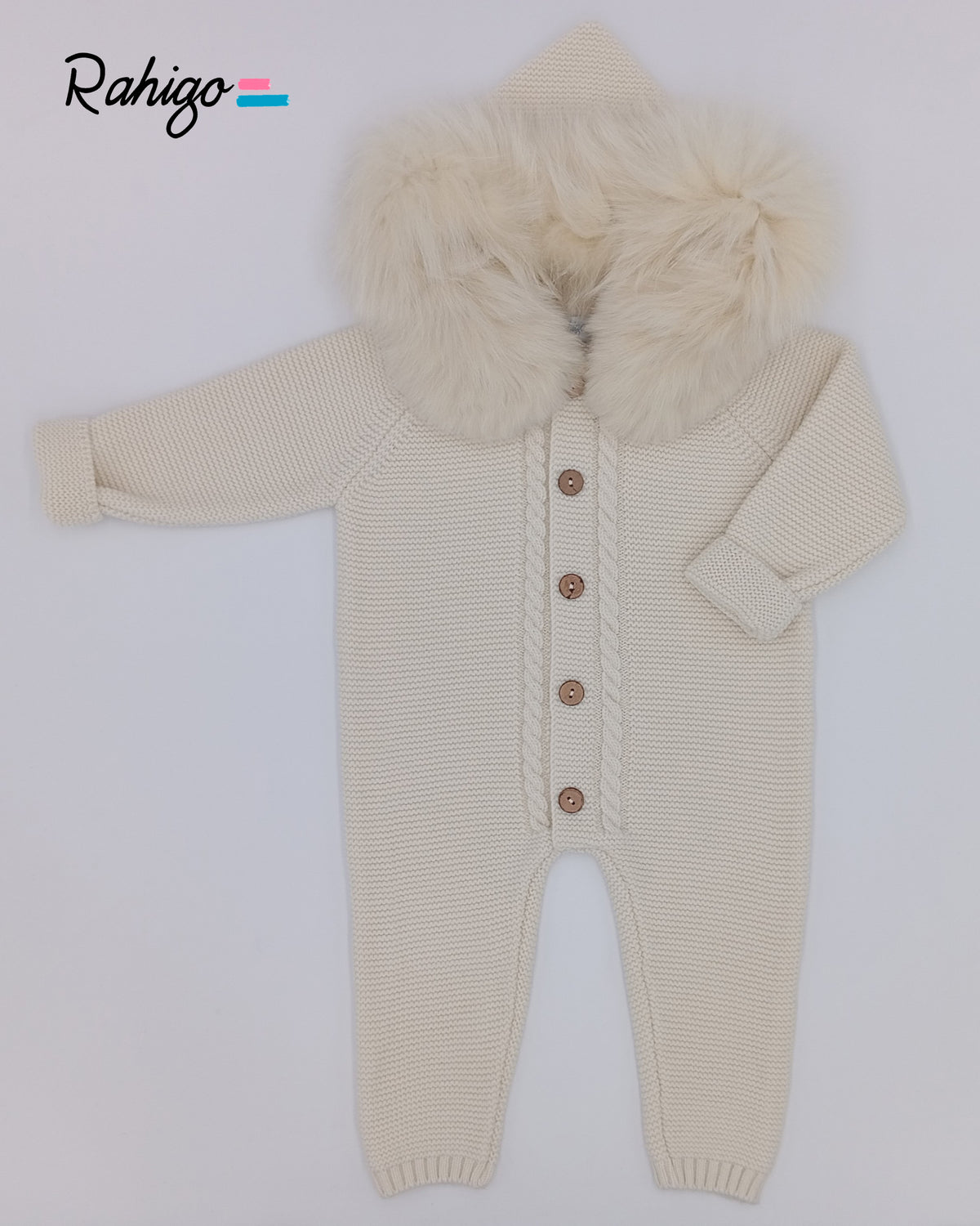 Rahigo cream knitted baby pram suit with button fastening and detachable real fur trimmed hood, made in Spain.