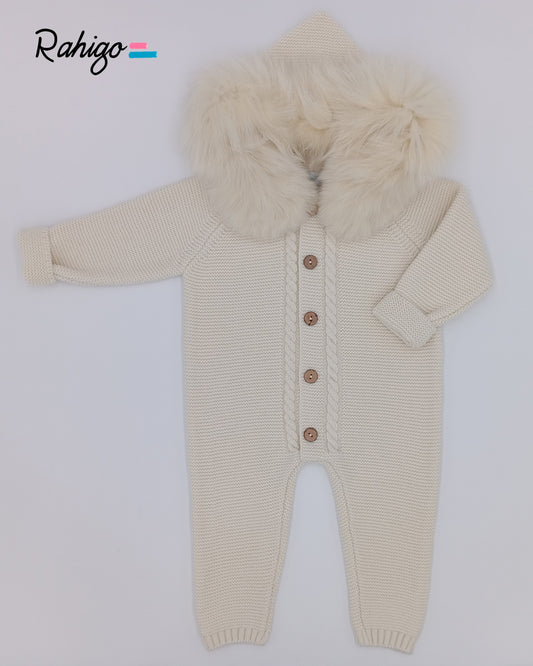 Rahigo cream knitted baby pram suit with button fastening and detachable real fur trimmed hood, made in Spain.