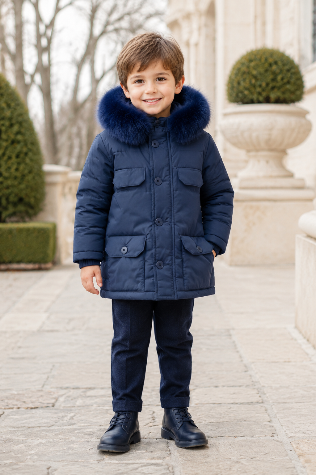 Bimbalo boys navy padded winter coat with detachable fur-trimmed hood