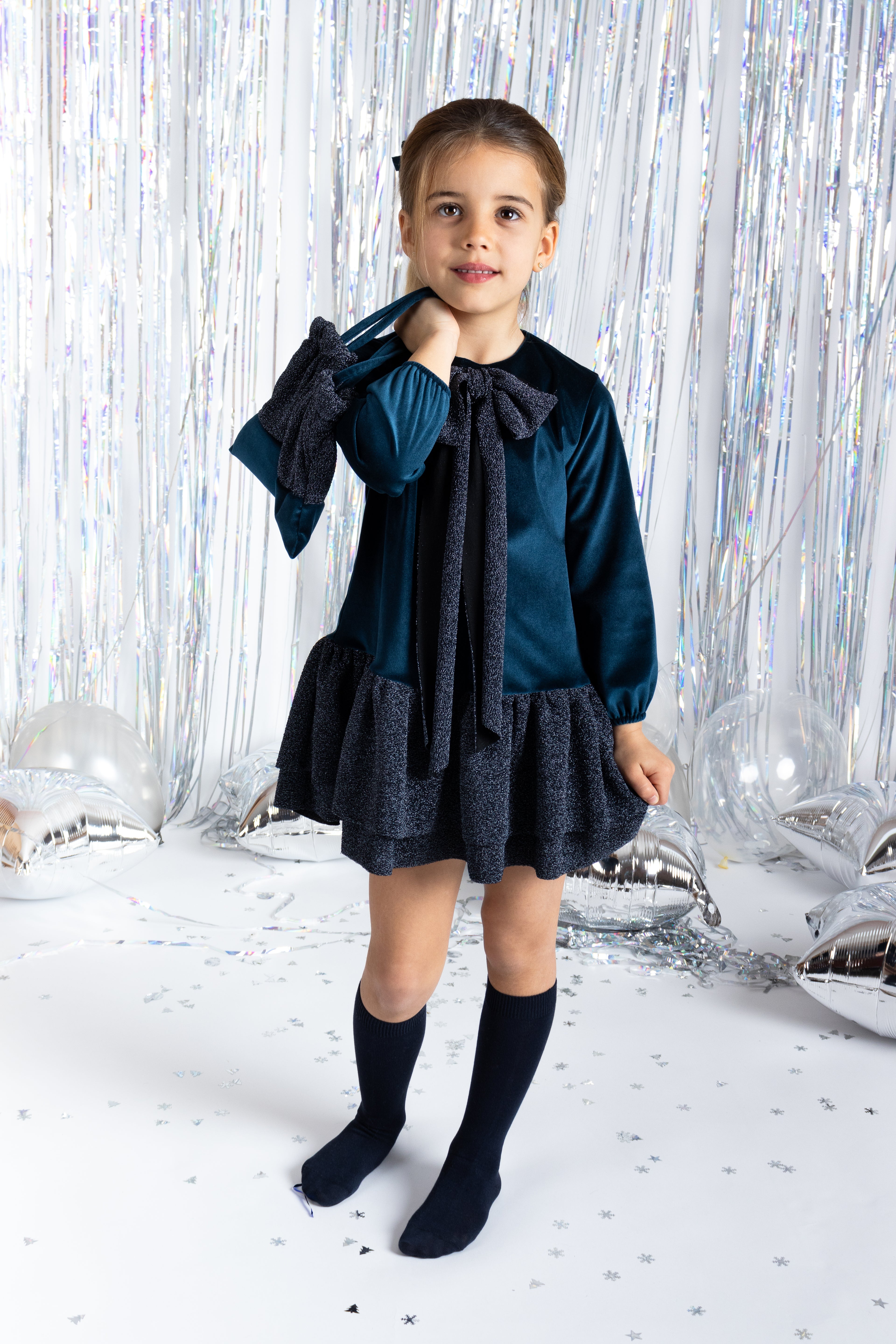 AW25 CALAMARO Halny Girls Navy Shimmer Dress - 21318