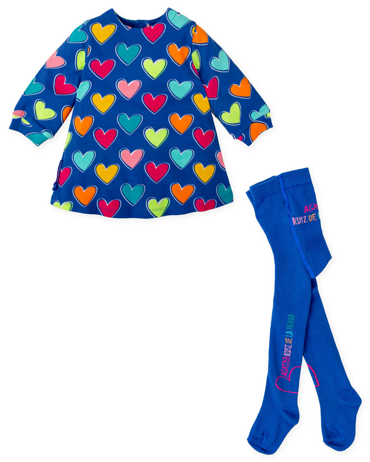 AW25 AGATHA RUIZ DE LA PRADA Girls Electric Blue Heart Print Dress & Tights
