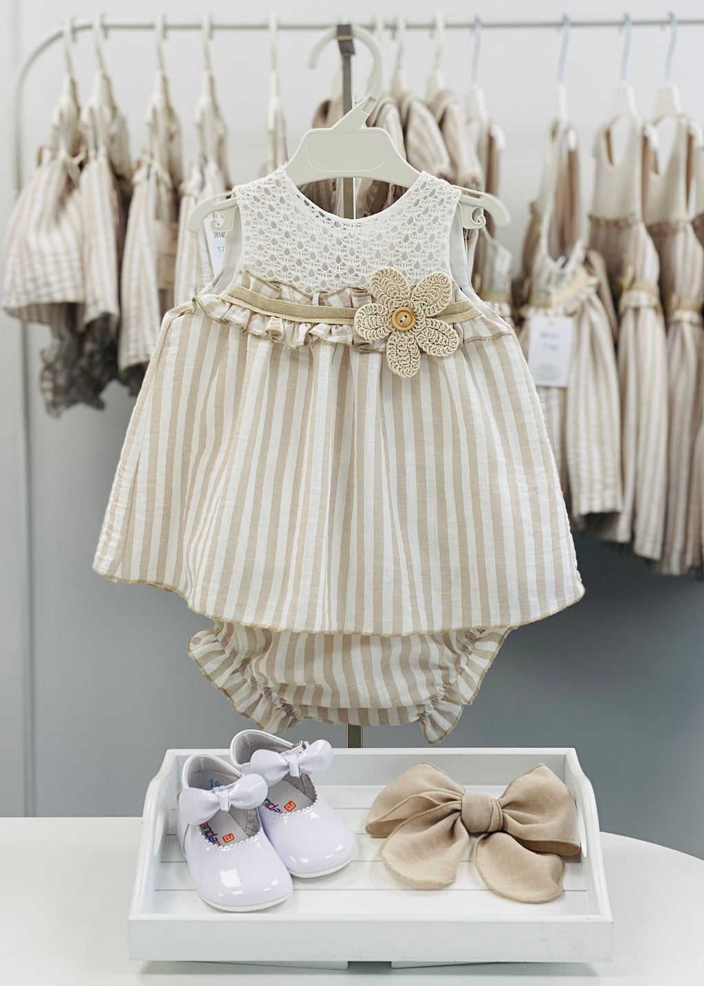 BASMARTI Rayas Girls Beige Stripe Dress & Knickers - 26140